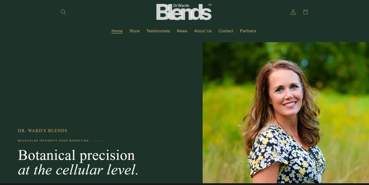 Botanical brand website with founder portrait and store navigation