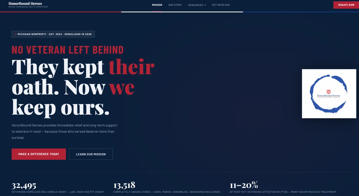 Veteran nonprofit website with mission messaging and donation links