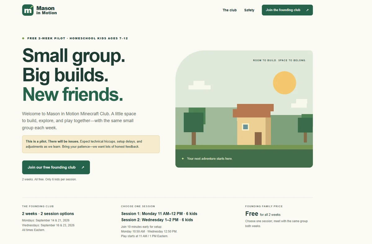 Minecraft club landing page with session details and registration