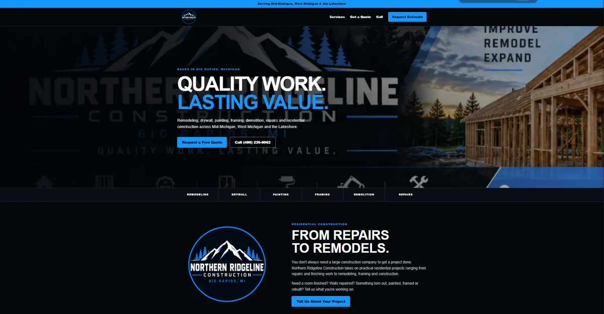 Contractor website with local services and an estimate request