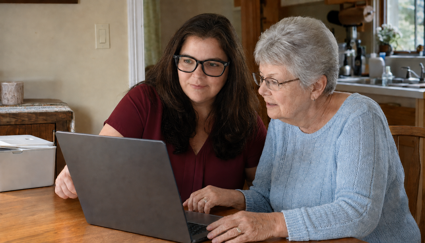 Jen patiently helping an older adult use a laptop at home